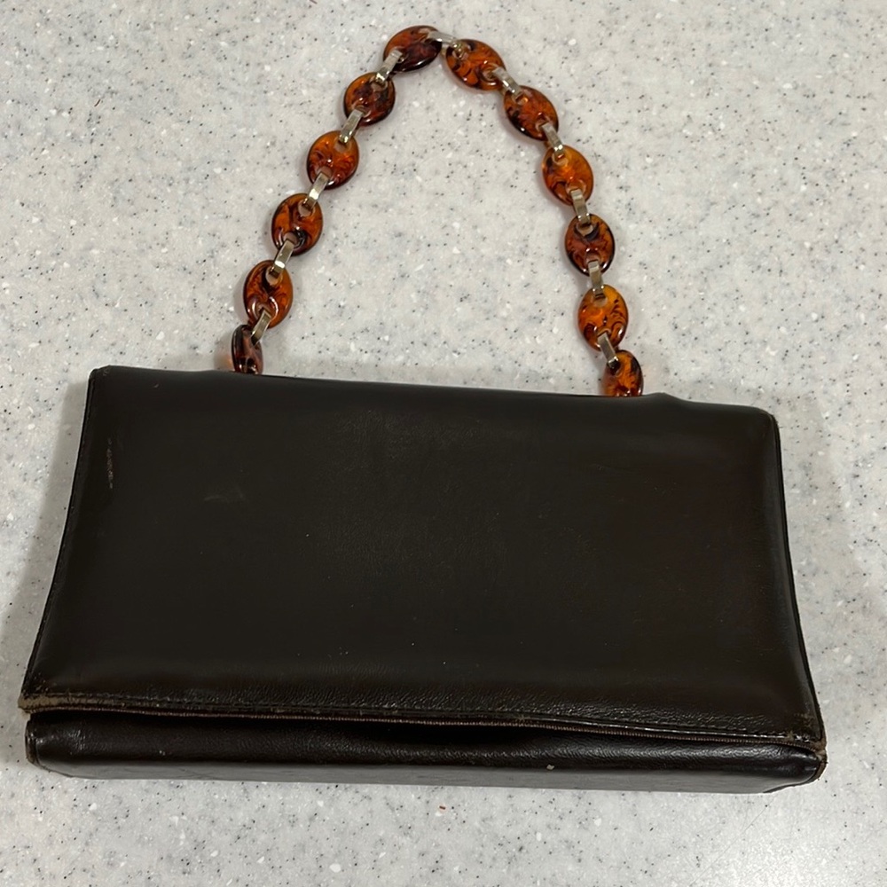 Vtg Jane Shilton Brown Leather Handbag~Purse~Lucite(?)/Metal Strap~England*READ*
